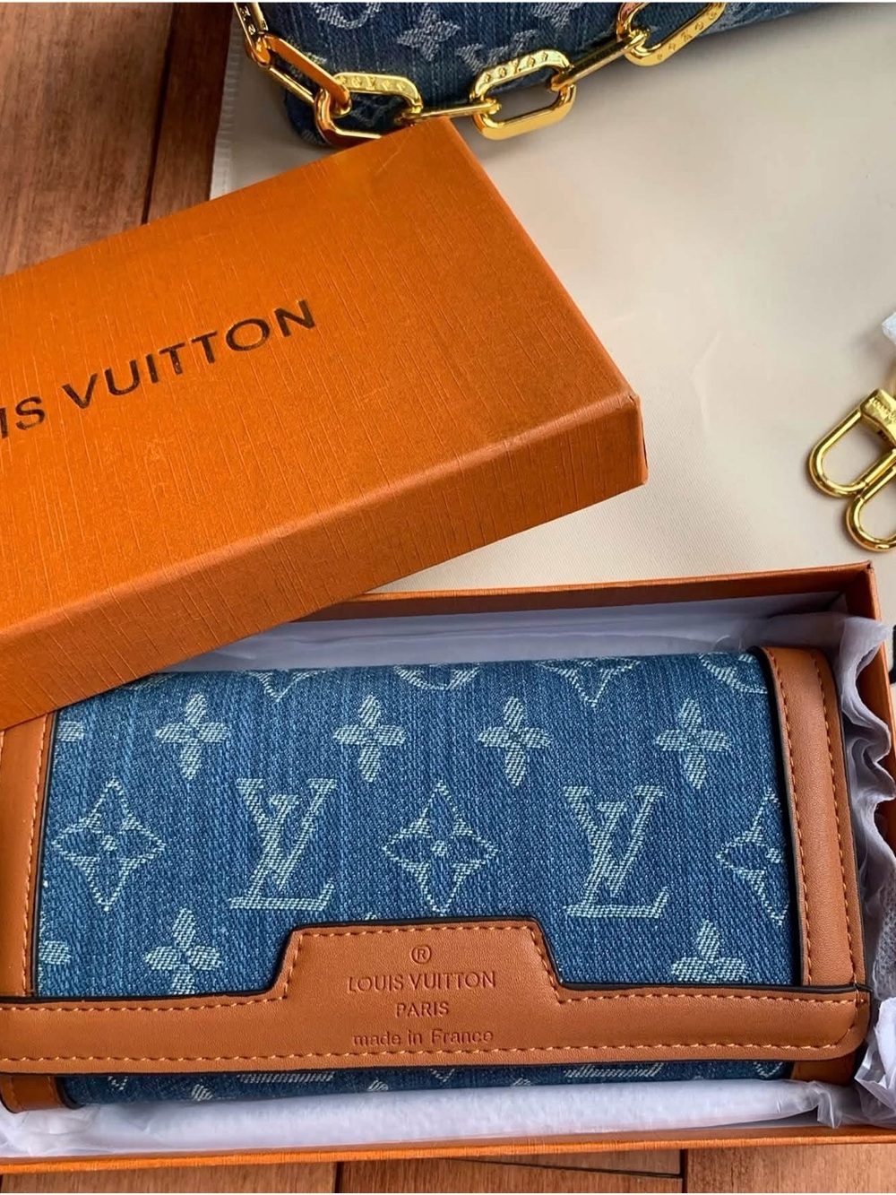 Luxury Fashion Denim Monogram Flap Wallet with Tan Trim & Gift Box Set